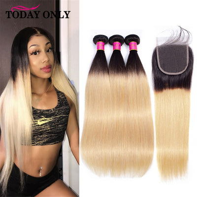 TODAY ONLY Straight Hair Bundles With Closure Ombre Bundles With Closure Blonde Peruvian Hair Bundles With Closure Remy 1b/27