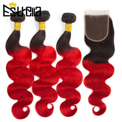 Body Wave Bundles With Closure Ombre Colored T1B 27/Red/33/Purple Bundles With Closure Mongolian 100% Remy Human Hair Extension