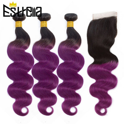 Body Wave Bundles With Closure Ombre Colored T1B 27/Red/33/Purple Bundles With Closure Mongolian 100% Remy Human Hair Extension