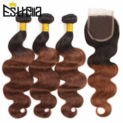 Body Wave Bundles With Closure Ombre Colored T1B 27/Red/33/Purple Bundles With Closure Mongolian 100% Remy Human Hair Extension